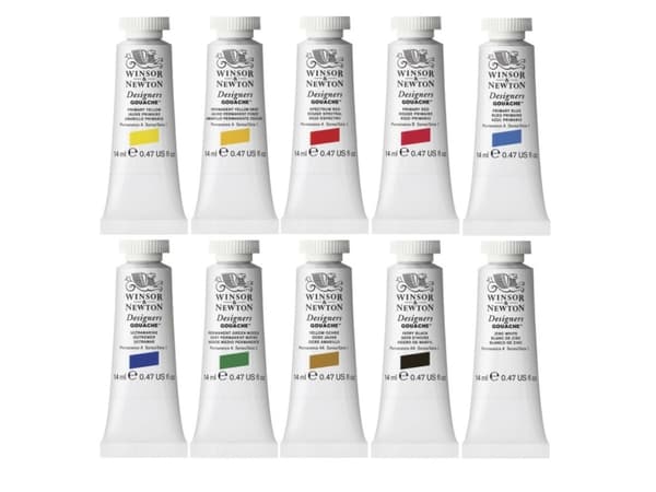 Winsor & Newton Designers Gouache Introductory, 14 ml, Svart, Blå, Grön, Röd, Vit, Gul, 10 styck