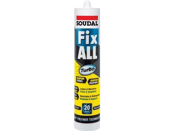 Asennusliima Fix ALL Turbo White 290ml patruuna, korkealaatuinen SMX-polymeeriin perustuva yksikomponenttinen liimasauma