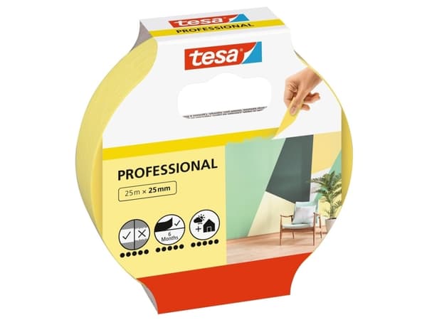 TESA 56270, maskeringstape, papir, gul, glatt, 150 dager, 25 m