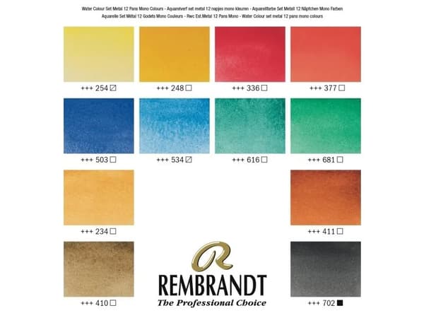 Rembrandt Watercolour metal tin set Mono-Pigmented Colour Selection | 12 pans + brush