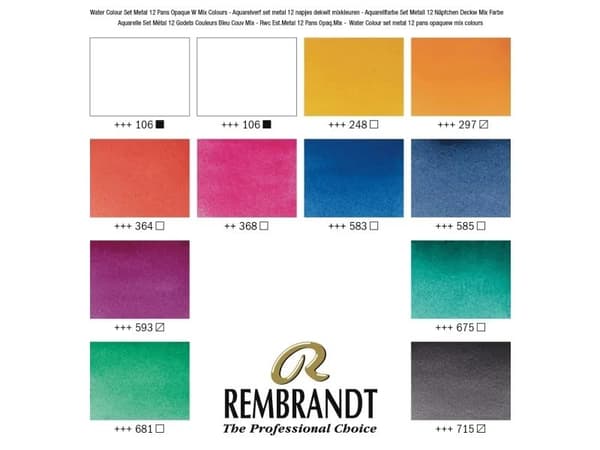 Rembrandt Watercolour metal tin set Opaque White Mixing Colour Selection | 12 pans + brush