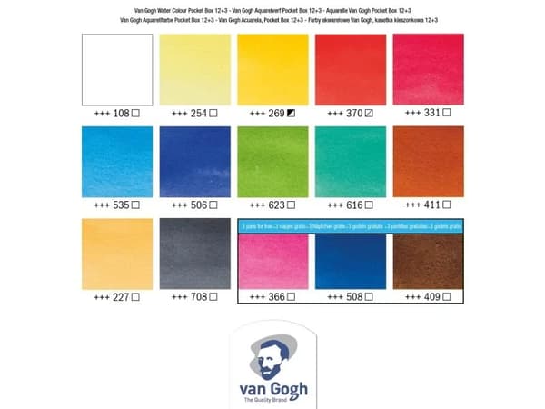 Van Gogh Watercolour pocket box basic colours | 12 half pans + 3 colours for free