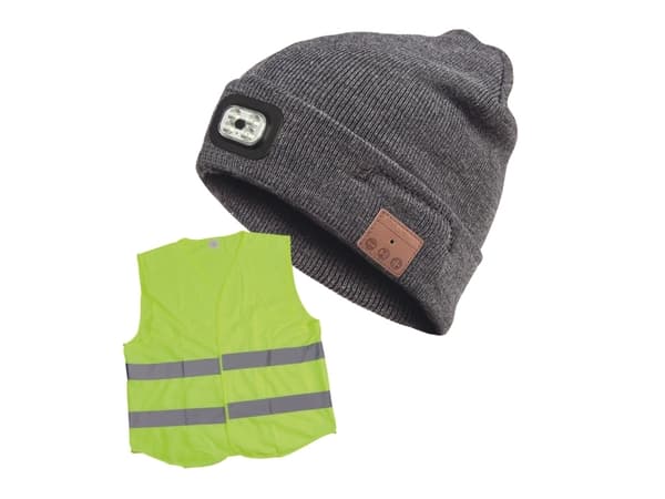 Blue Electric LED Beanie - Bluetooth-kuulokkeella., toimitetaan Mukana turvaliivi