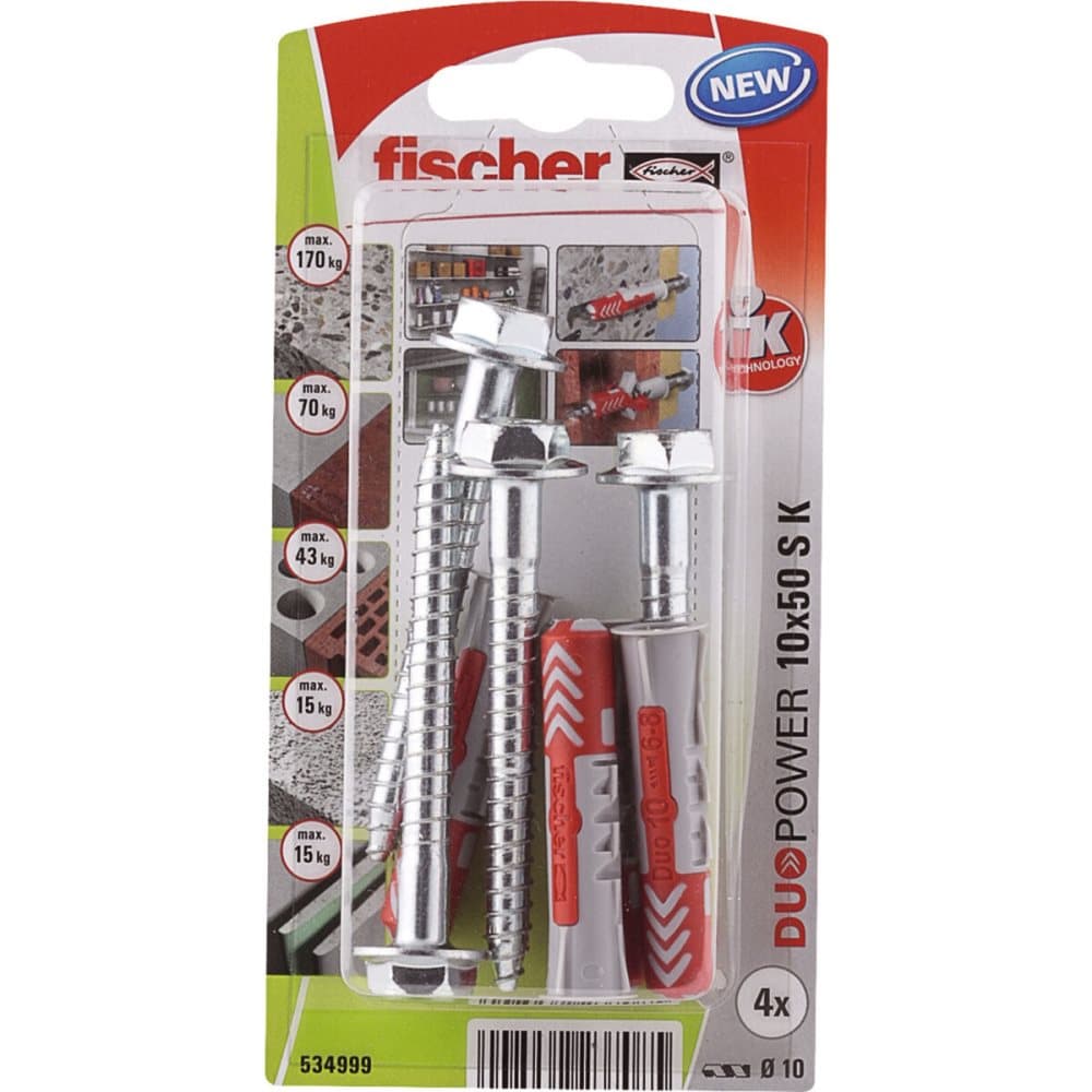 Låda med skruvar Fischer duopower Pluggar och skruv 4 antal (10 x 50 mm)