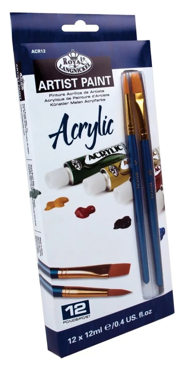 R&L Akrylmaling startsæt - med 12 tuber á 12ml + 2 pensler