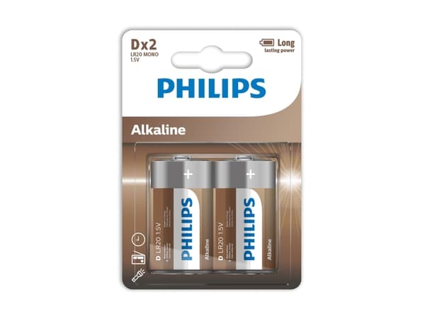 PHILIPS batteri tech alkaline D 2-pakning - 2110058