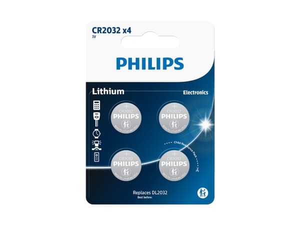 PHILIPS knapcellebatteri lithium CR2032 4-pak - 2301962