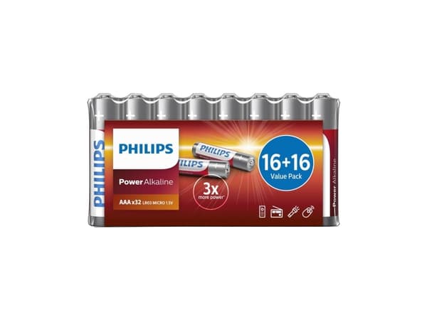 Philips Power Alkaline Batteri LR03P32FV/10, Engangsbatteri, AAA, Alkalinsk, 1,5 V, 32 stykker, 3 år