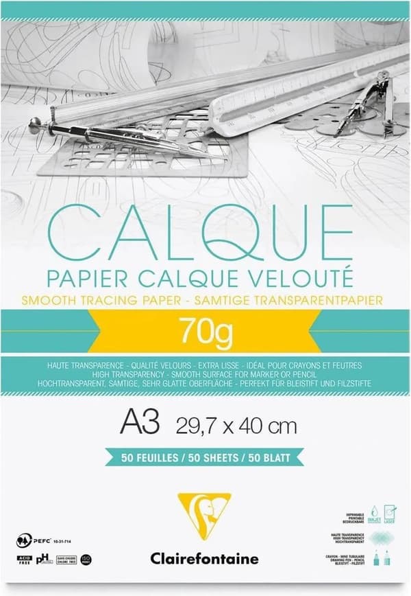 Clairefontaine Tracing Paper / Kalke Papir A3 70gram 50ark pr blok.