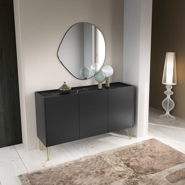 Lipasto: kolme ovea, kuusi hyllyä, Rungon väri: musta grafiitti, Etuosan väri: musta marmori, Kalusteen mitat: l: 144 cm, k: 83 cm, s: 37 cm