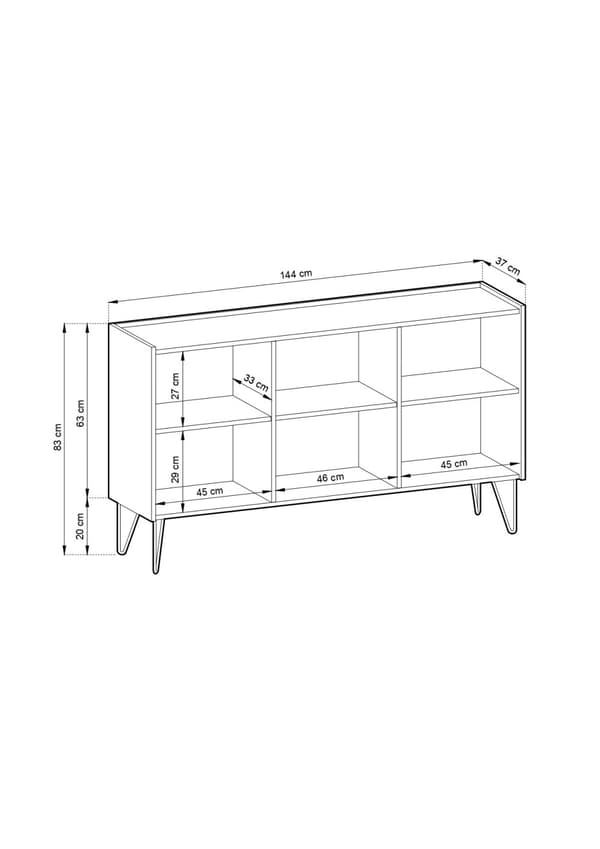 Lipasto: kolme ovea, kuusi hyllyä, Rungon väri: musta grafiitti, Etuosan väri: musta marmori, Kalusteen mitat: l: 144 cm, k: 83 cm, s: 37 cm