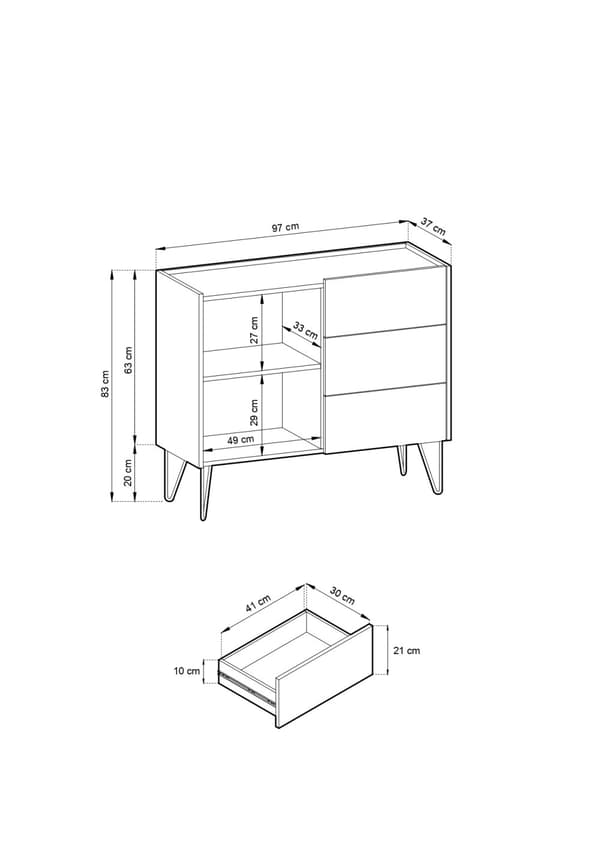 Kommode: tre skuffer, en låge, to hylder, kropsfarve: sort grafit, frontfarve: sort marmor, Møbelmål: bredde: 97 cm, højde: 83 cm, dybde: 37 cm,