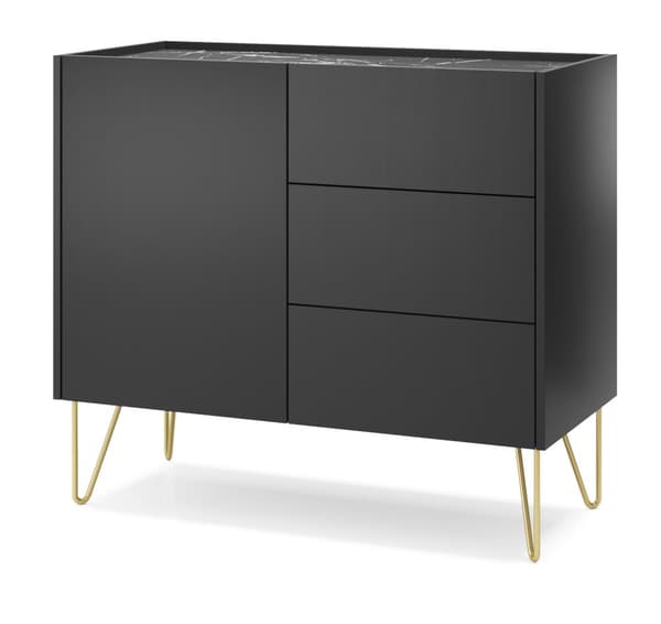 Kommode: tre skuffer, en låge, to hylder, kropsfarve: sort grafit, frontfarve: sort marmor, Møbelmål: bredde: 97 cm, højde: 83 cm, dybde: 37 cm,
