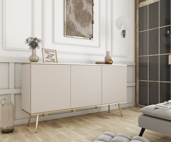 Byrå, beige, gyllene ben, 160 x 85 x 39 cm