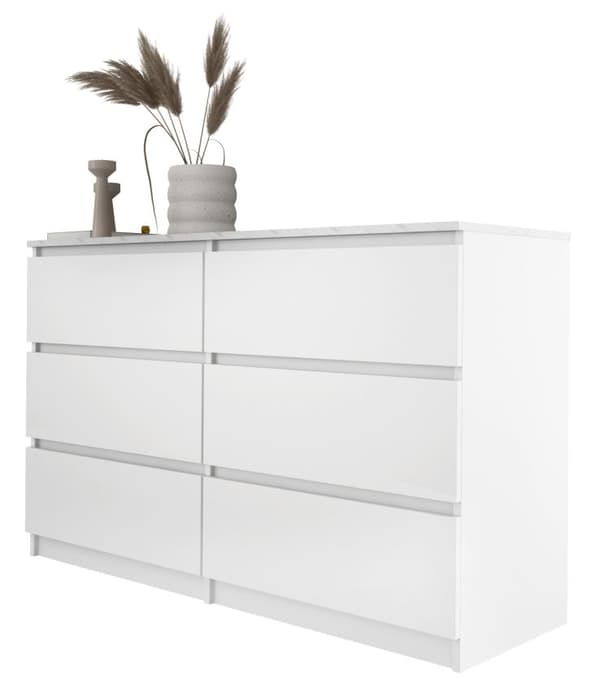 Lipasto: kuusi laatikkoa, Väri: valkoinen, kannen väri: bianco-marmori, Kalusteen mitat: l: 120 cm, k: 78,5 cm, s: 39 cm,