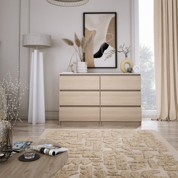 Lipasto: kuusi laatikkoa, Väri: Linbergin tammi, yläosan väri: bianco-marmori, Kalusteen mitat: l: 120 cm, k: 78,5 cm, s: 39 cm,