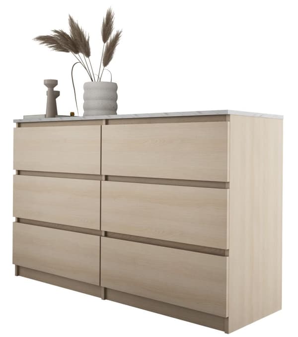 Byrå: se x lådor, Färg: Linbergek, toppfärg: biancomarmor, M: bredd: 120 cm, höjd: 78,5 cm, djup: 39 cm,