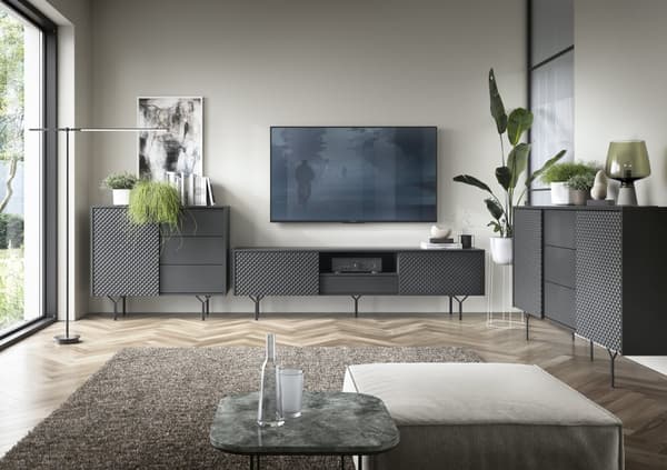 Byrå: tre lådor, två dörrar, fyra hyllor, Kroppsfärg: grafitsvart, Frontfärg: grafitsvart, M: bredd: 144 cm, höjd: 83 cm, djup: 38 cm,