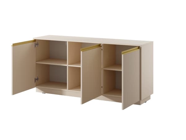 Byrå: tre dörrar, se x hyllor, Färg: sandbeige, M: bredd: 153,4 cm, höjd: 71,6 cm, längd: 39 cm,