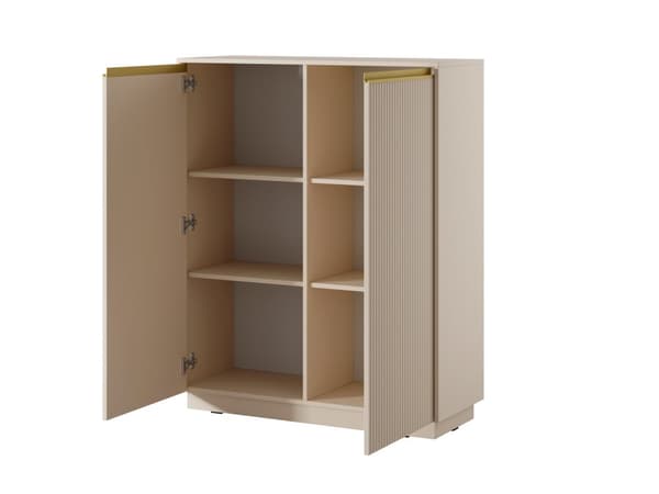 Lipasto: kaksi ovea, kuusi hyllyä, Väri: hiekkabeige, Kalusteen mitat: l: 103,5 cm, k: 127 cm, pituus: 39 cm,