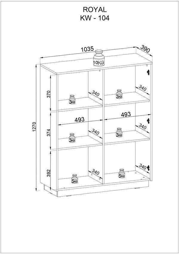 Kommode: to låger, seks hylder, Farve: mat hvid, Møbelmål: bredde: 103,5 cm, højde: 127 cm, længde: 39 cm,