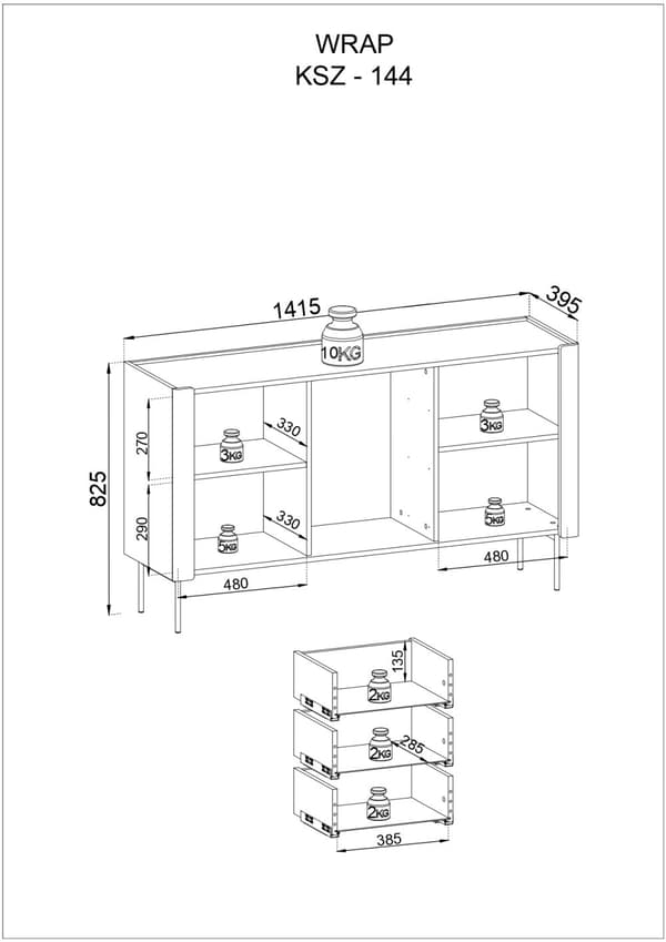 Kommode: tre skuffer, to låger, fire hylder, Farve: Warmia valnød / kashmir Møbelmål: bredde: 141 cm, højde: 82,5 cm, længde: 39,9 cm,