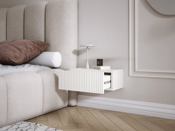Upphängt sängskåp med låda – Räfflad front, lameller – Vit, 40 x 20 x 16 cm