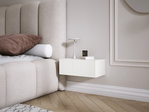 Upphängt sängskåp med låda – Räfflad front, lameller – Vit, 40 x 20 x 16 cm