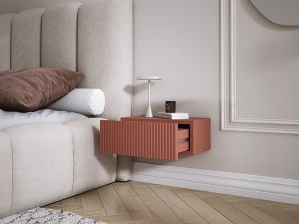 Upphängt sängskåp med låda – Räfflad front, lameller – tegelröd, 40 x 20 x 16 cm