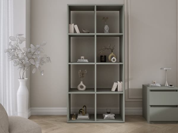 Bokhylla med 6 fack – aloe grön – 147 × 74 × 30 cm, vertikalt och horisontellt