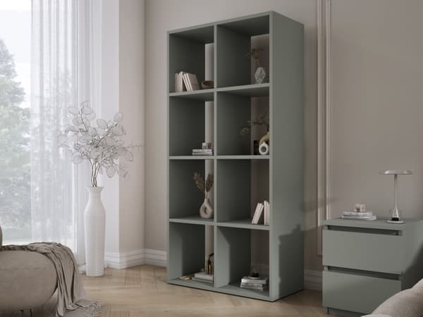 Bokhylla med 6 fack – aloe grön – 147 × 74 × 30 cm, vertikalt och horisontellt