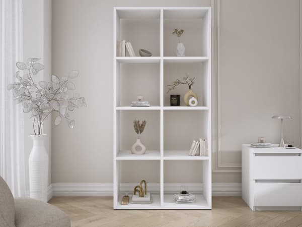Bokhylla med 6 fack – Vit – 147 × 74 × 30 cm, vertikalt och horisontellt