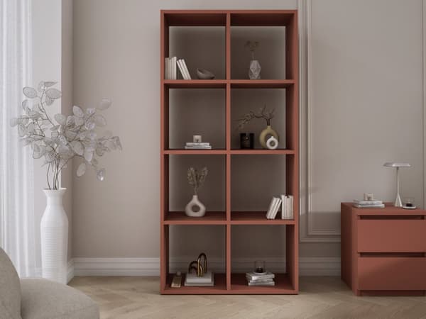 Bokhylla med 6 fack – tegelröd – 147 × 74 × 30 cm, vertikalt och horisontellt