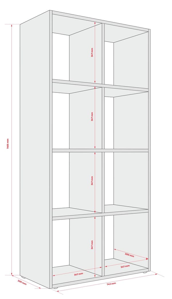 Bokhylla med 6 fack – tegelröd – 147 × 74 × 30 cm, vertikalt och horisontellt