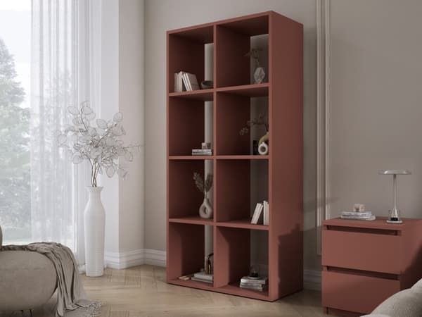 Bokhylla med 6 fack – tegelröd – 147 × 74 × 30 cm, vertikalt och horisontellt
