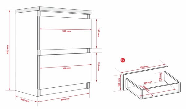 Stående sängskåp med 2 lådor – 45 × 36 × 36 cm – kaschmir