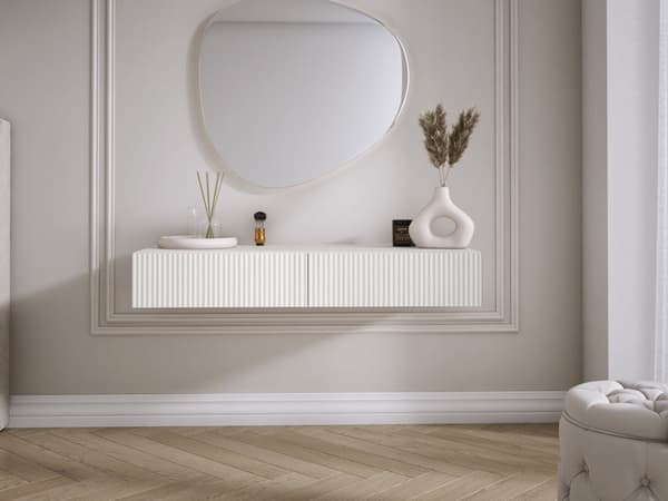 Hängande toalettbord med lådor, räfflad front - Vit, 100 x 40 x 16 cm