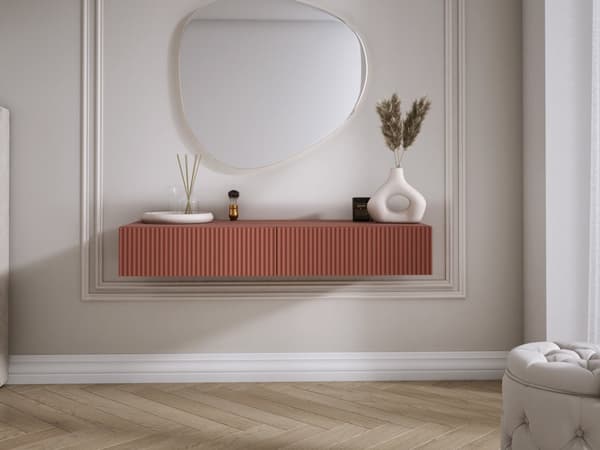 Hängande toalettbord med lådor, räfflad front - tegelröd, 100 x 40 x 16 cm