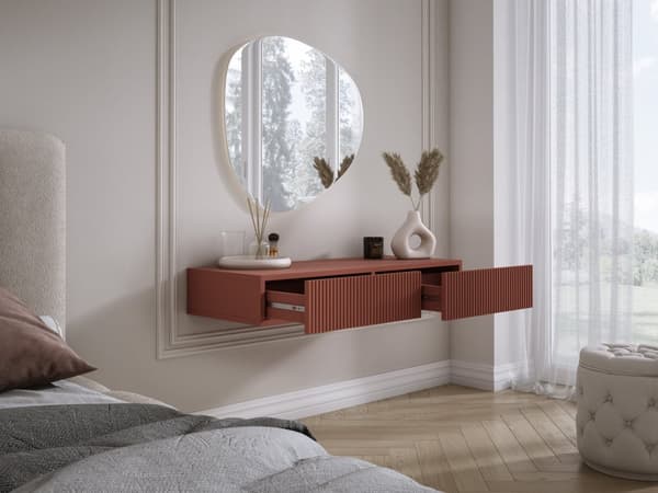 Hängande toalettbord med lådor, räfflad front - tegelröd, 100 x 40 x 16 cm