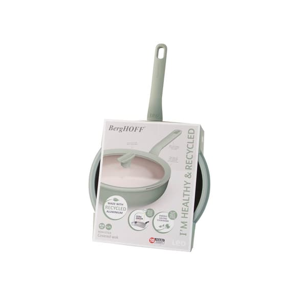 BergHOFF 28 cm kannellinen wokkipannu - Balance Sage, tarttumaton pinnoite, kansi lusikkatuella ja siivilll