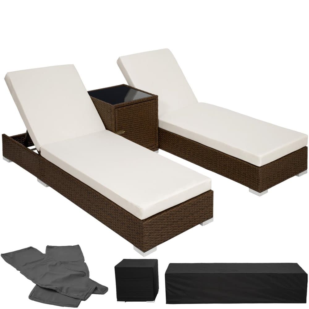 Sæt med liggestole + bord i polyrattan/aluminium - antikbrun