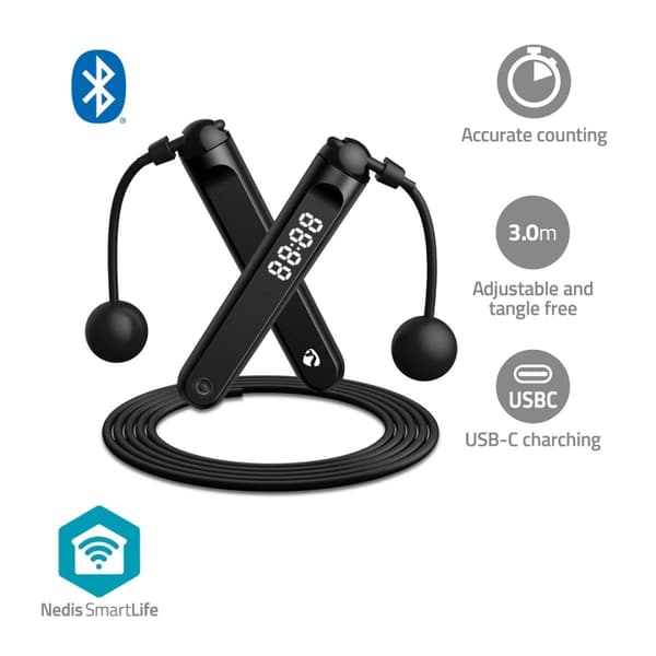 Nedis SmartLife Udendørs Sport | Sjippetov | Bluetooth® | Dual Hall sensor | LED Display | PVC | 3.00 m | Snørepose / Trådløse bolde | Sort