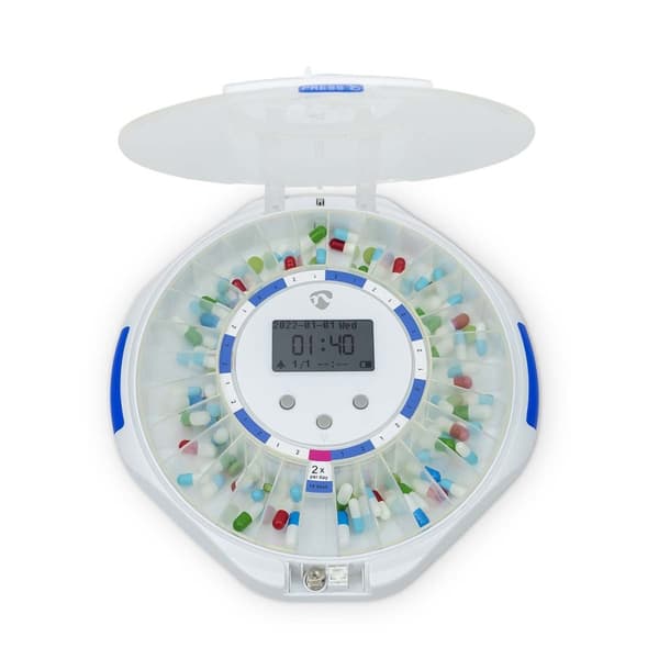 Nedis SmartLife Pill Dispenser | Wi-Fi | 28 Fack | Antal larmtider: 9 larmtider per dag | Ljus / Pip / Röst | LCD-skärm | Vit