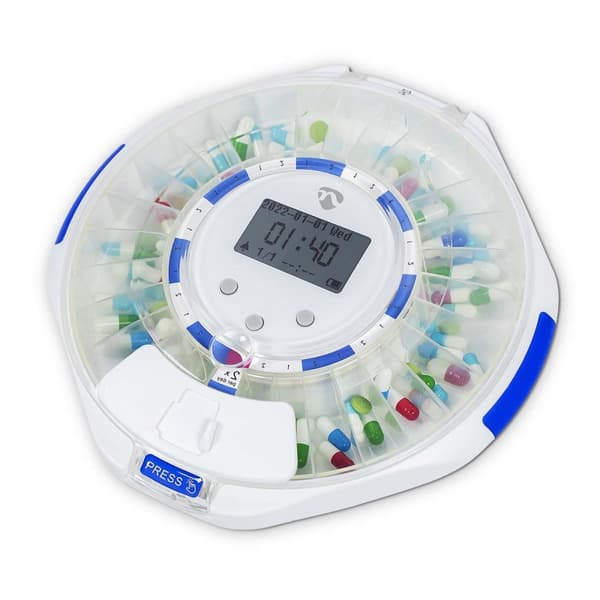 Nedis SmartLife Pill Dispenser | Wi-Fi | 28 Fack | Antal larmtider: 9 larmtider per dag | Ljus / Pip / Röst | LCD-skärm | Vit