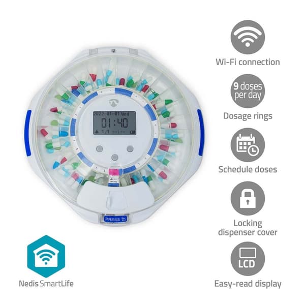 Nedis SmartLife Pill Dispenser | Wi-Fi | 28 Fack | Antal larmtider: 9 larmtider per dag | Ljus / Pip / Röst | LCD-skärm | Vit