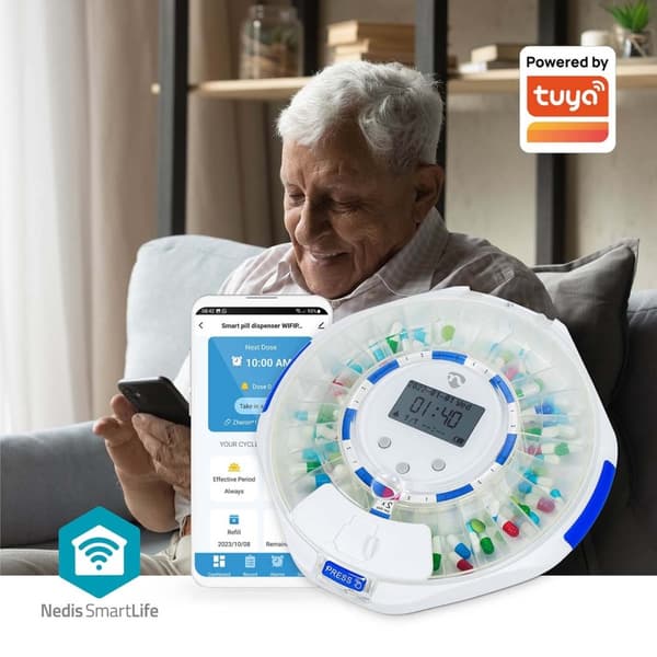 Nedis SmartLife Pill Dispenser | Wi-Fi | 28 Fack | Antal larmtider: 9 larmtider per dag | Ljus / Pip / Röst | LCD-skärm | Vit