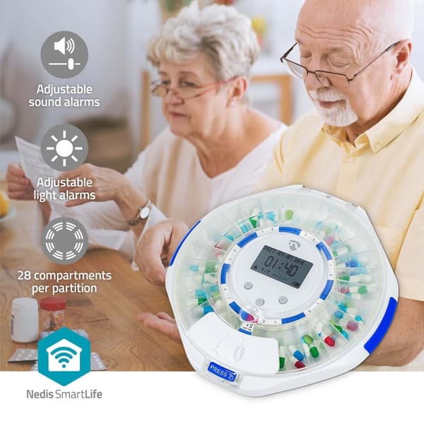 Nedis SmartLife Pill Dispenser | Wi-Fi | 28 Fack | Antal larmtider: 9 larmtider per dag | Ljus / Pip / Röst | LCD-skärm | Vit