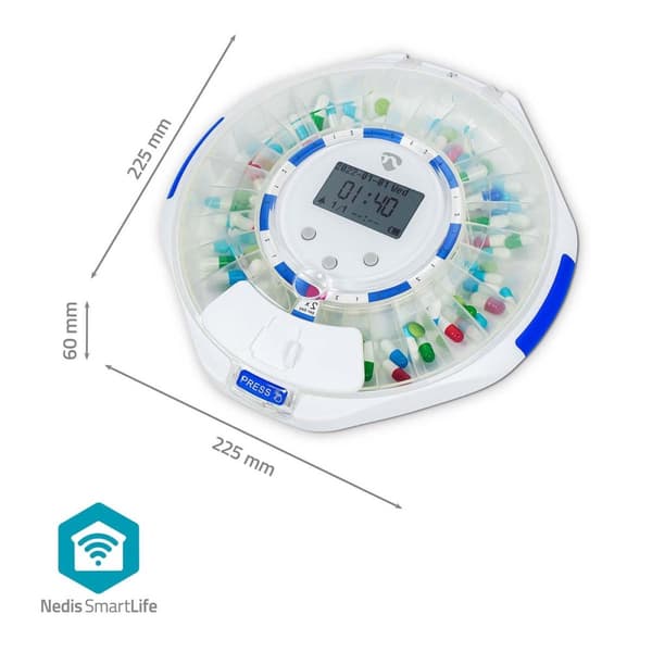 Nedis SmartLife Pill Dispenser | Wi-Fi | 28 Fack | Antal larmtider: 9 larmtider per dag | Ljus / Pip / Röst | LCD-skärm | Vit