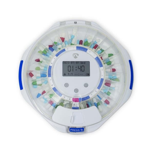 Nedis SmartLife Pill Dispenser | Wi-Fi | 28 Fack | Antal larmtider: 9 larmtider per dag | Ljus / Pip / Röst | LCD-skärm | Vit