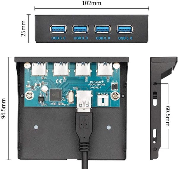 NÖRDIC 3,5" Floppy etupaneeli 4xUSB3.0 5Gbps 20pin liitin